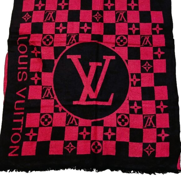 LOUIS VUITTON LV Vintage Pink Black Monogram Check Silk & Wool Scarf - Picture 5 of 12